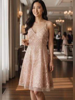 Xscape Blush Lace Fit-and-Flare Midi Dress, 14, sleeveless Formal Prom Wedding